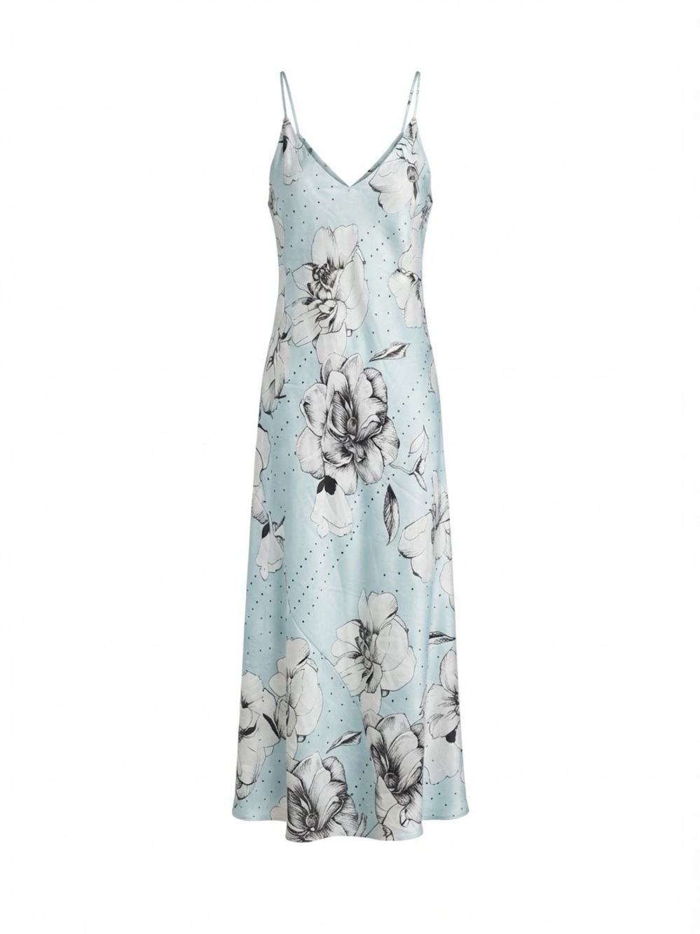Victorias Secret Nightgown XL Blue Flowers Satin Long Slip Dress Tie Straps